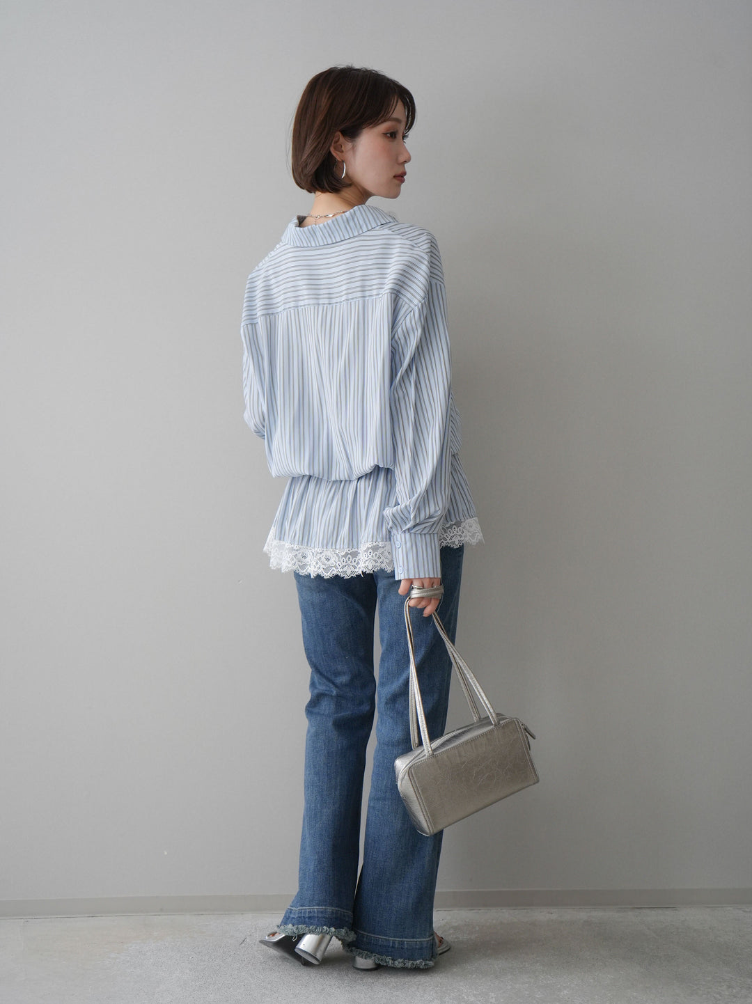 [SET]レース付ストライプウエストギャザーシャツ+フリンジデザインセミフレアデニム(2set)
