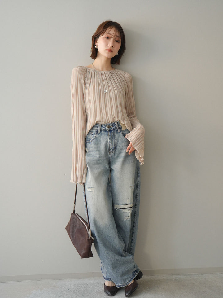 [SET]プリーツシアーフレアスリーブニットトップス+ダメージデニムセミワイドパンツ(2set)