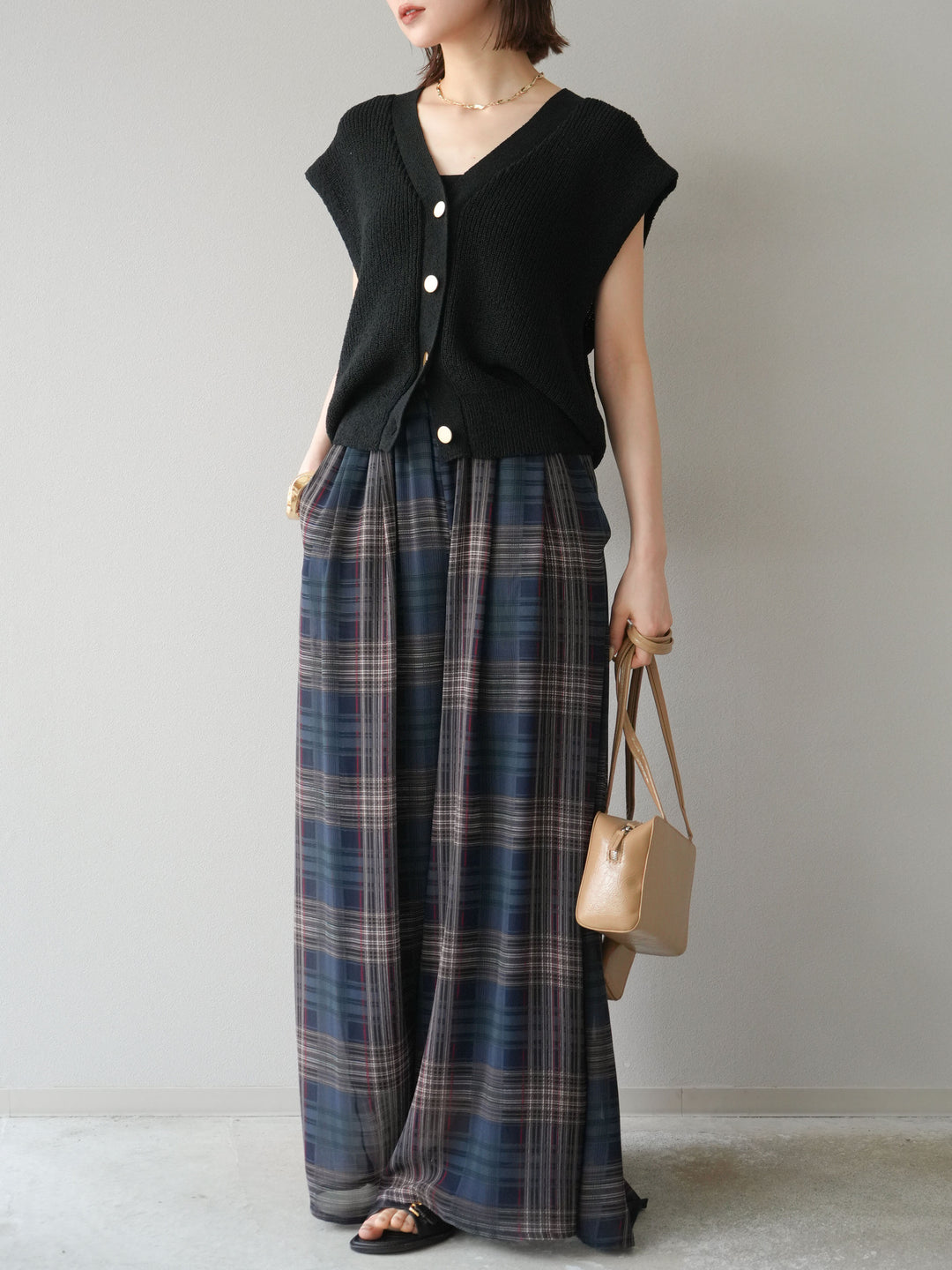 [預購] 透視格紋寬鬆褲/藏青色