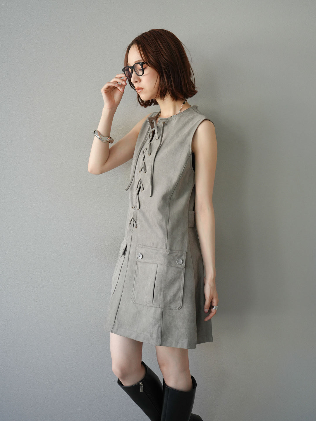[予約]レースアップスエードミニワンピース/グレー