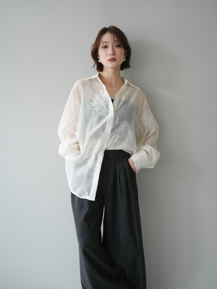 [SET]シアーエンブロイダリーシャツ+ダブルボタンドレープパンツ(2set)