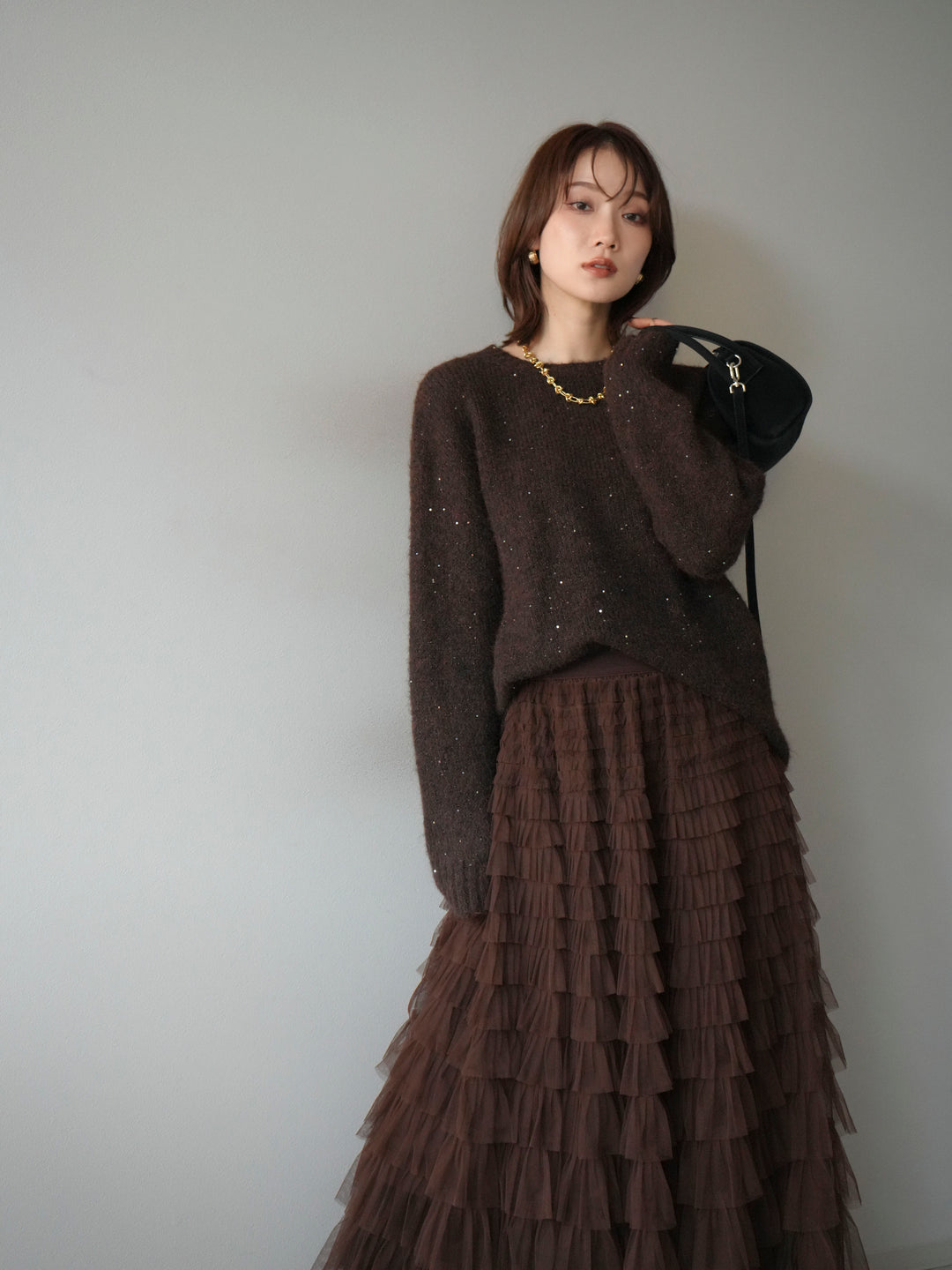 [予約]スパンコールニットプルオーバー/ブラウン