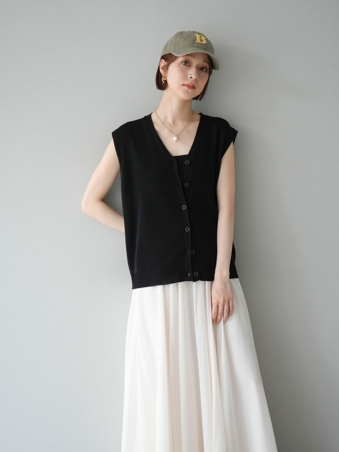 [SET] V領人造絲針織背心+雪紡喇叭裙（2件組）