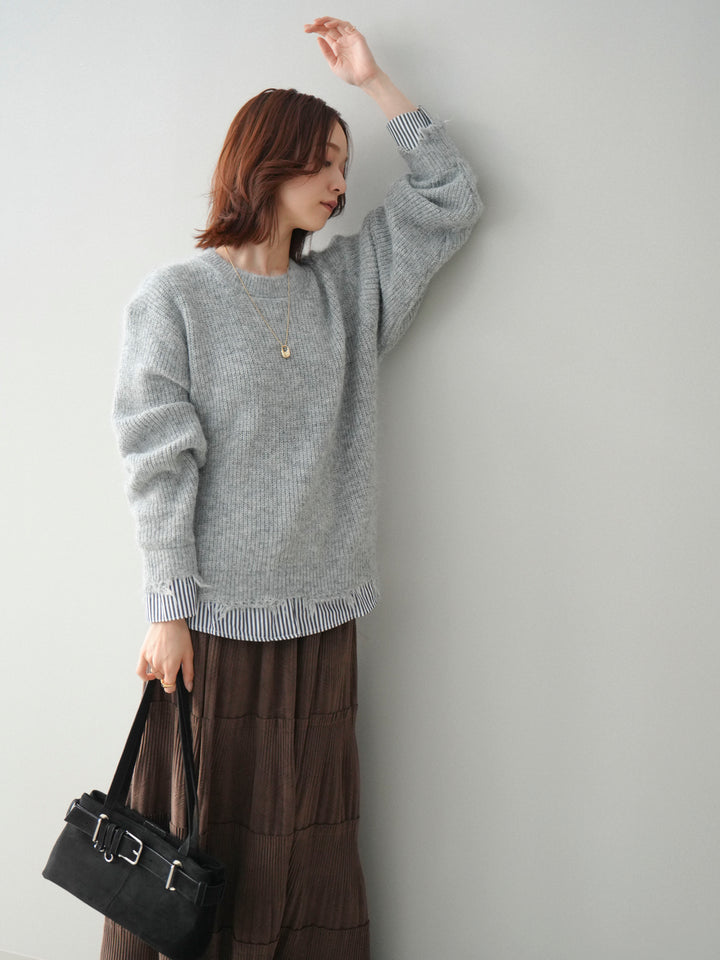 [SET]裾シャツレイヤードダメージニットプルオーバー+ストーンフォークリング(2set)