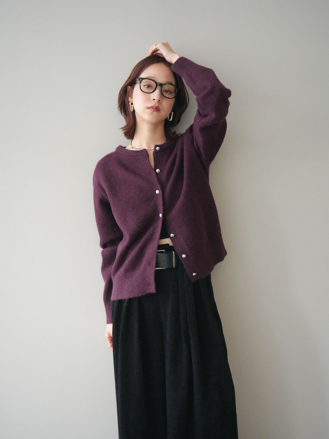 [SET]アンティークボタンニットカーディガン+ベルトデザインループコールテンワイドパンツ(ベルト付き)(2set)