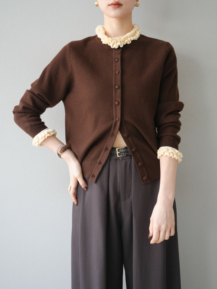[予約]フリルデザインコンパクトニットカーディガン/ブラウン