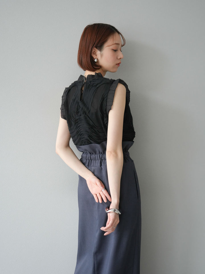 [SET]チュールジャガードノースリブラウス+ヘザーエステルギャザージップスカート(2set)