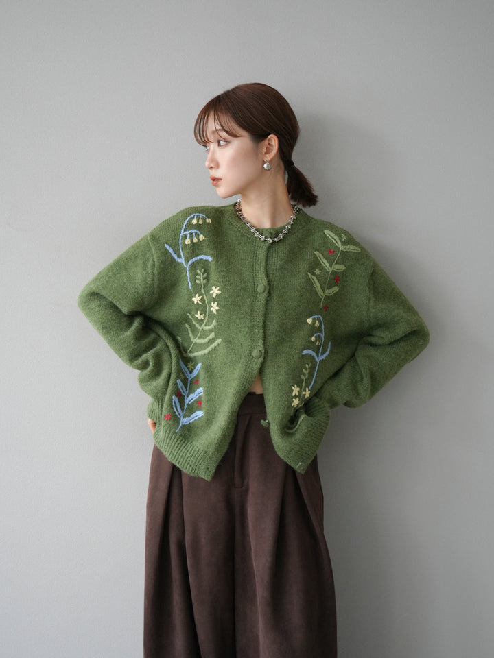 [予約]フラワー刺繍ニットカーディガン/グリーン