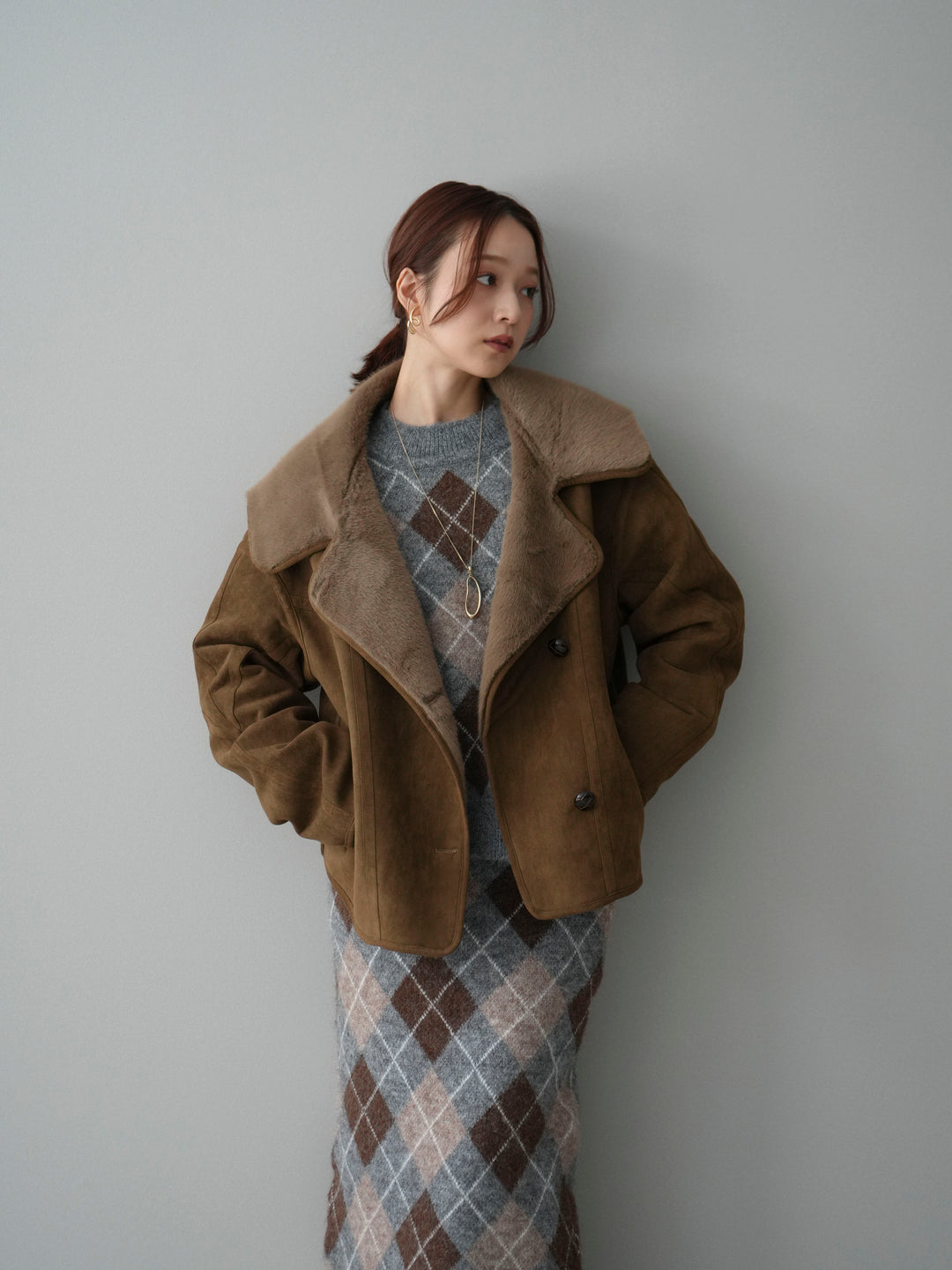 [SET]アーガイルニットプルオーバー&ロングスカートSET UP+ムートンショートジャケット(2set)