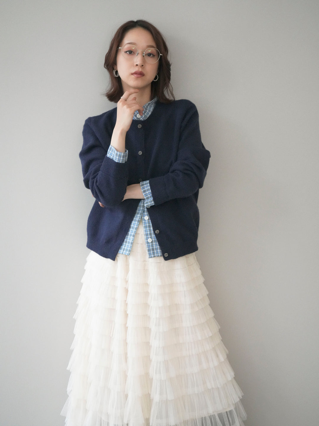 [予約]チェックシャツレイヤードデザインニットカーディガン/navy