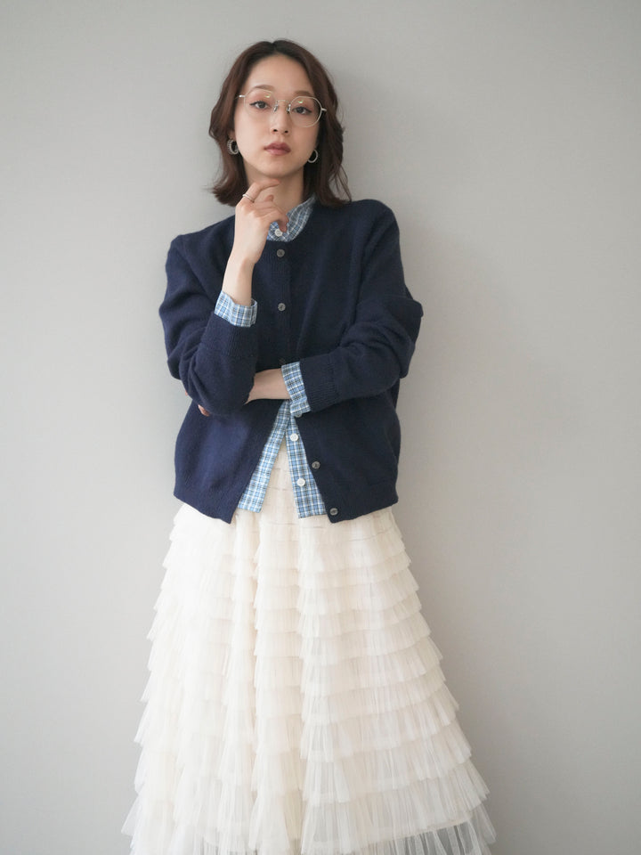 [予約]チェックシャツレイヤードデザインニットカーディガン/navy