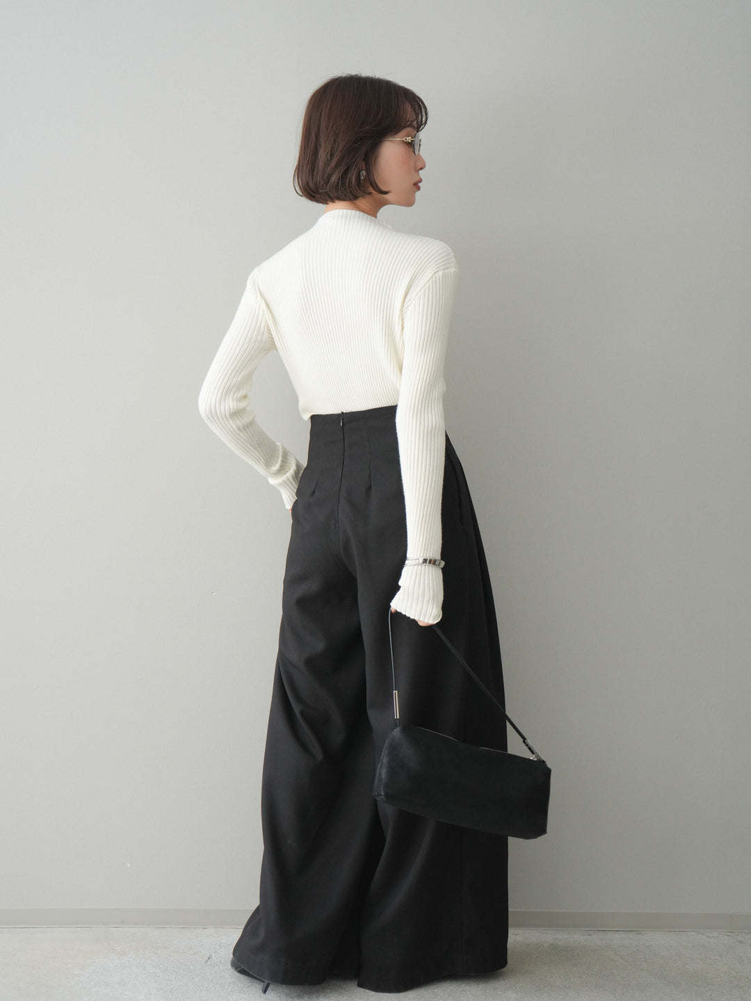 [SET]シアー切替スパンコールリブニットトップス+デザインハイウエストワイドパンツ(2set)