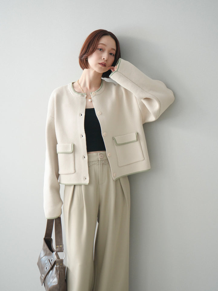 [SET]ポリエステル配色ニットカーディガン+ウエストレースタックワイドパンツ(2set)