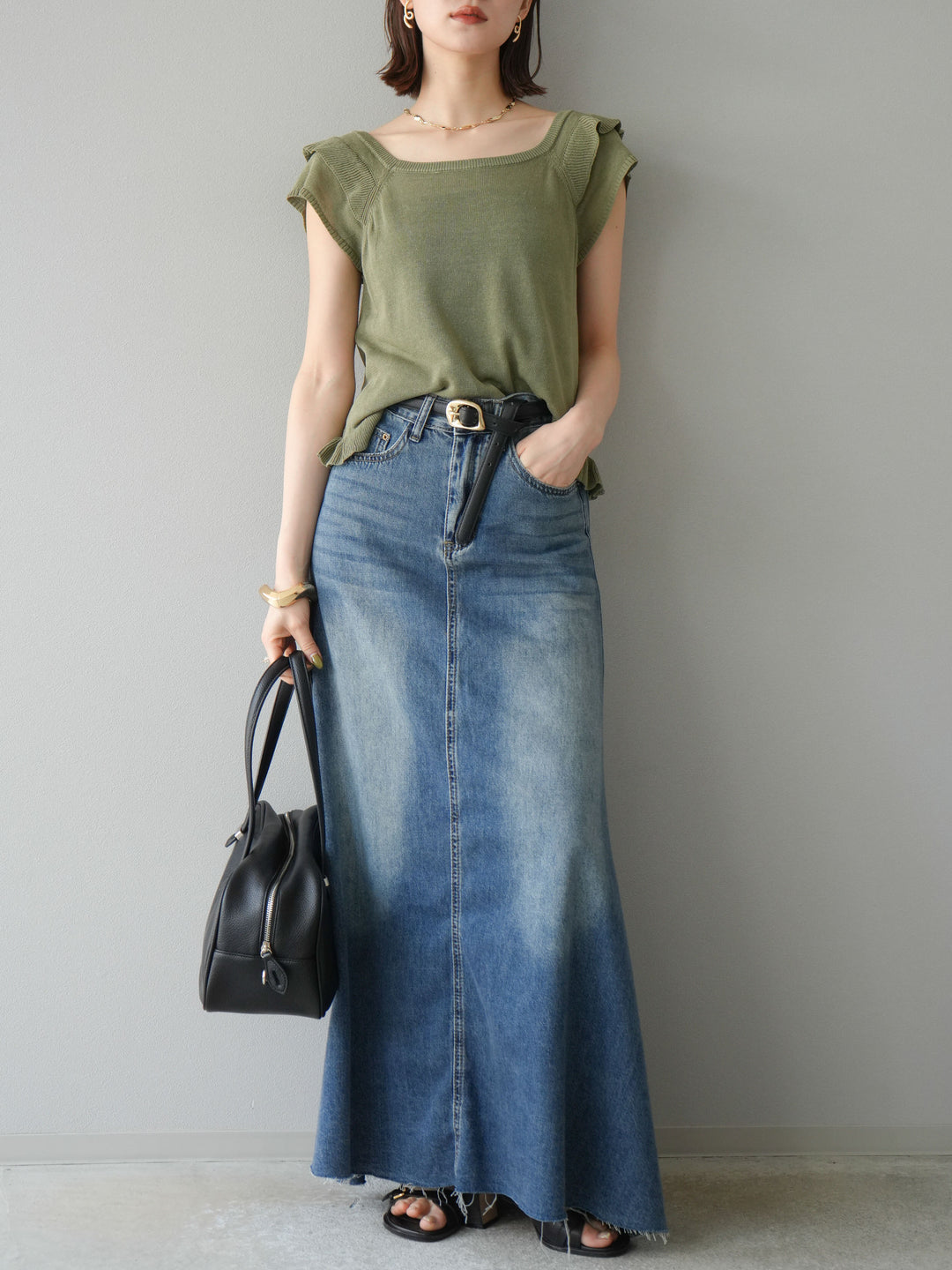 [予約]Aラインカットオフデニムスカート/ブルー