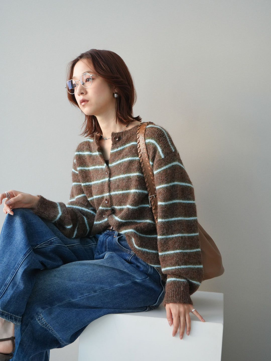 【套裝】毛邊針織開襟衫 + 加絨牛仔修身褲（兩件套）