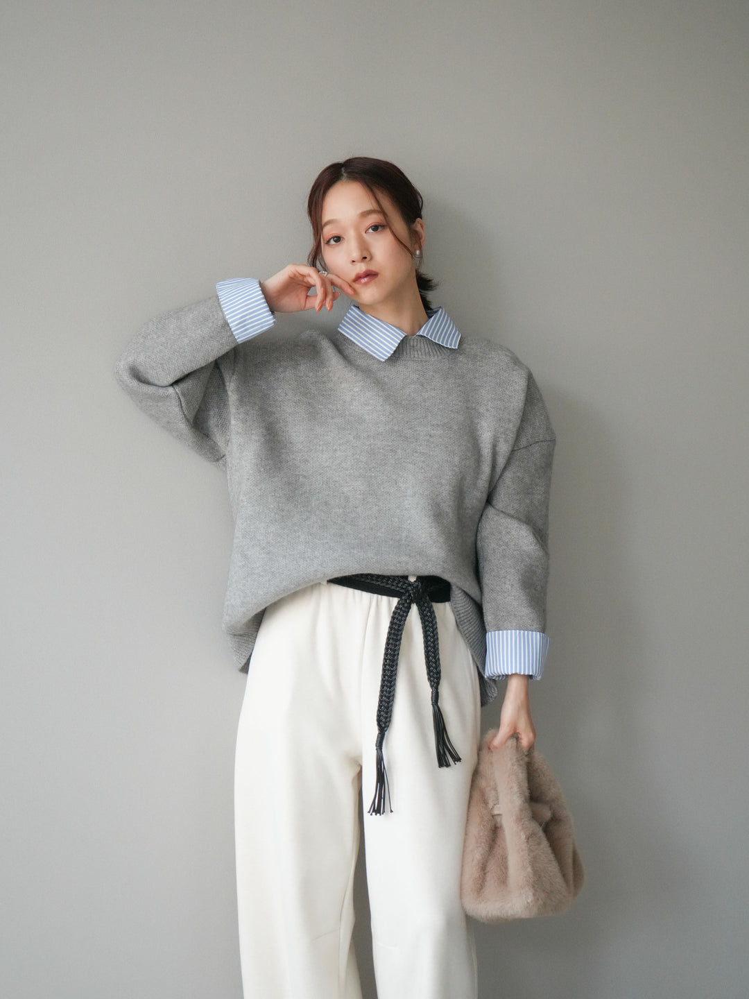 [SET]2WAYストライプ襟ニットプルオーバー+編み込みベルト付きウエスト配色スエットパンツ(2set)