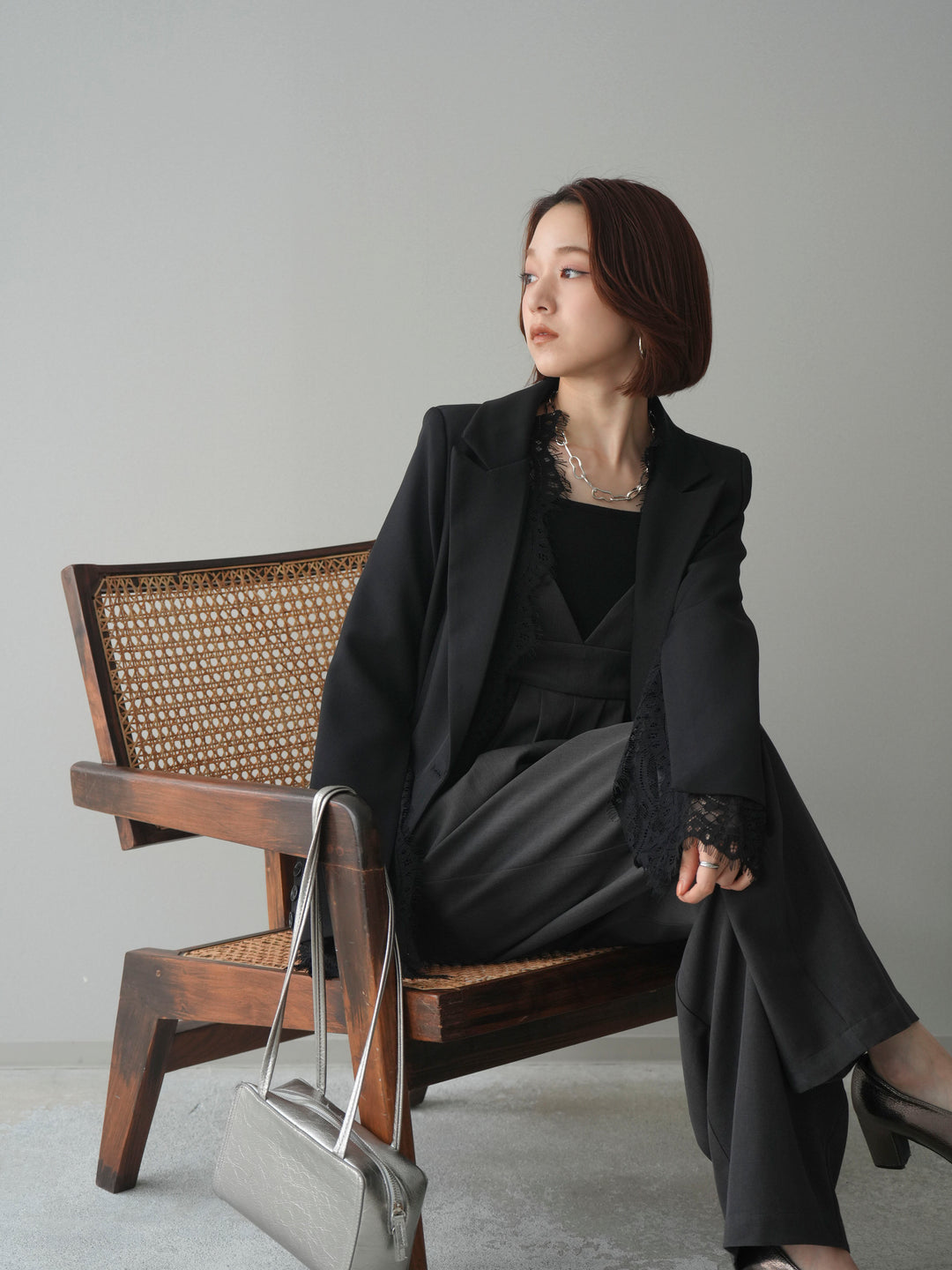 [SET]レースレイヤードスリットジャケット+バックデザインサロペット(2set)