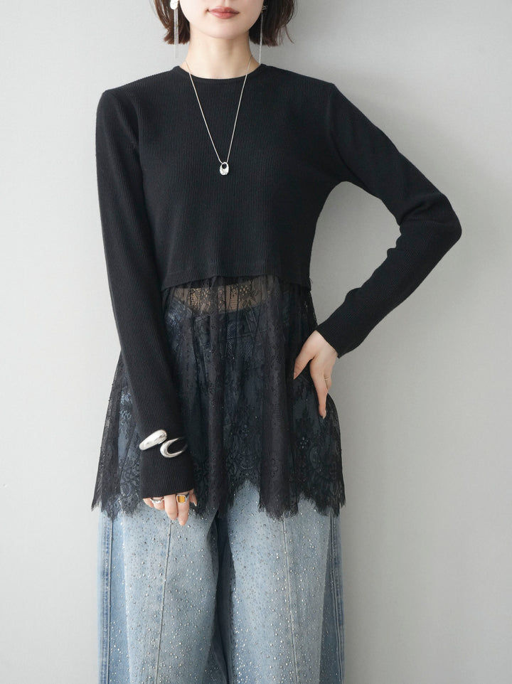 [予約]クルーネックレースドッキングリブニットトップス/black