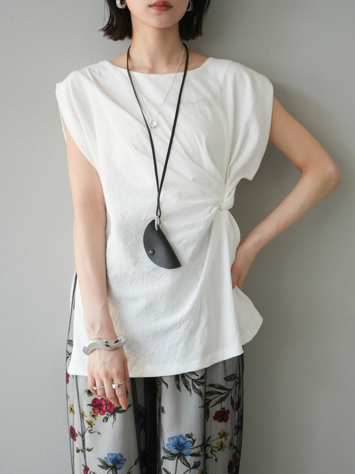 [SET] 側扭法式上衣+植物圖案休閒褲+繩繡薄紗疊穿褲（3件套裝）