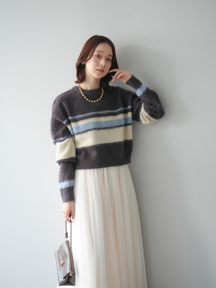 [SET]ソフトタッチボーダークロップドニットプルオーバー+チュールボリュームスカート(2set)