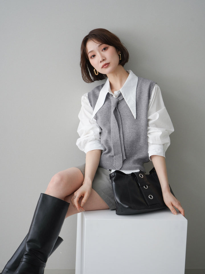 【套裝】蝴蝶結針織背心套裝襯衫+繫帶工裝迷你裙（兩件組）