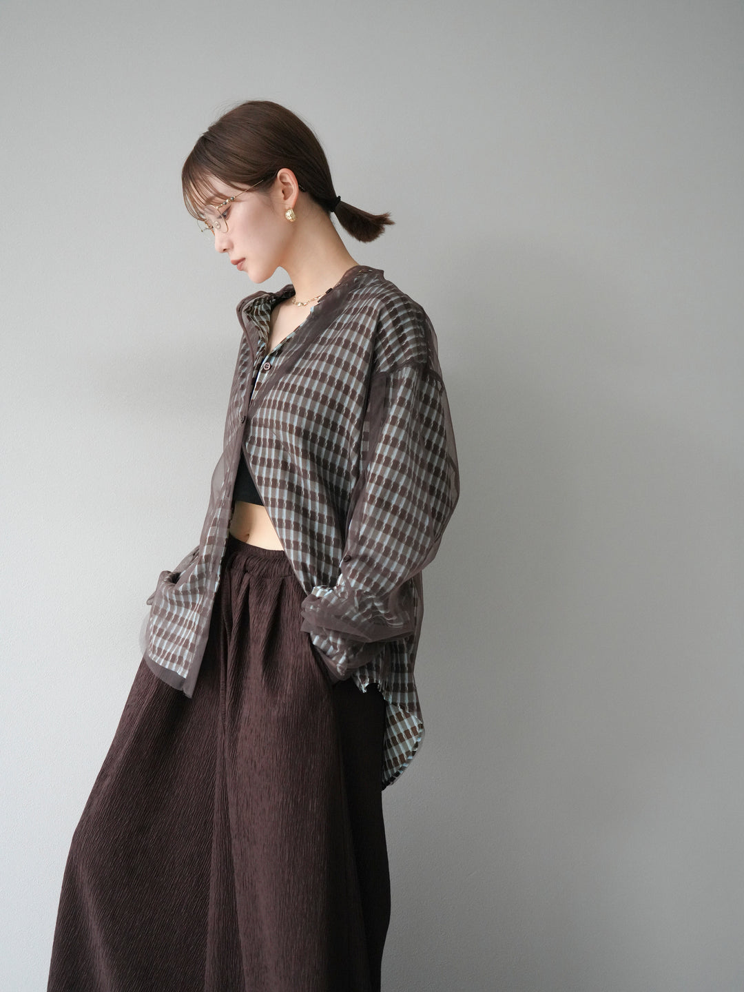 [予約]2WAYスリーブチュールシャツ/ブラウン