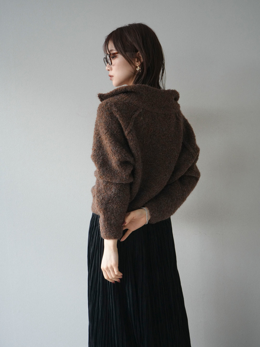 [予約]スタンドジップMIXブークレニットプルオーバー/brown