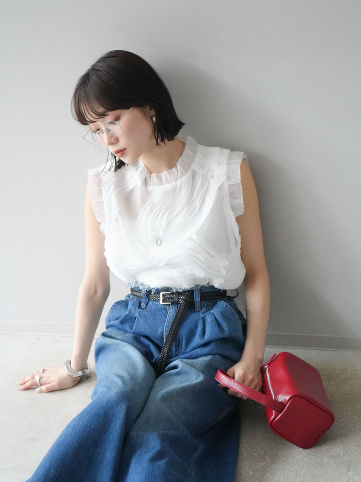 【預購】薄紗提花無袖上衣/米白