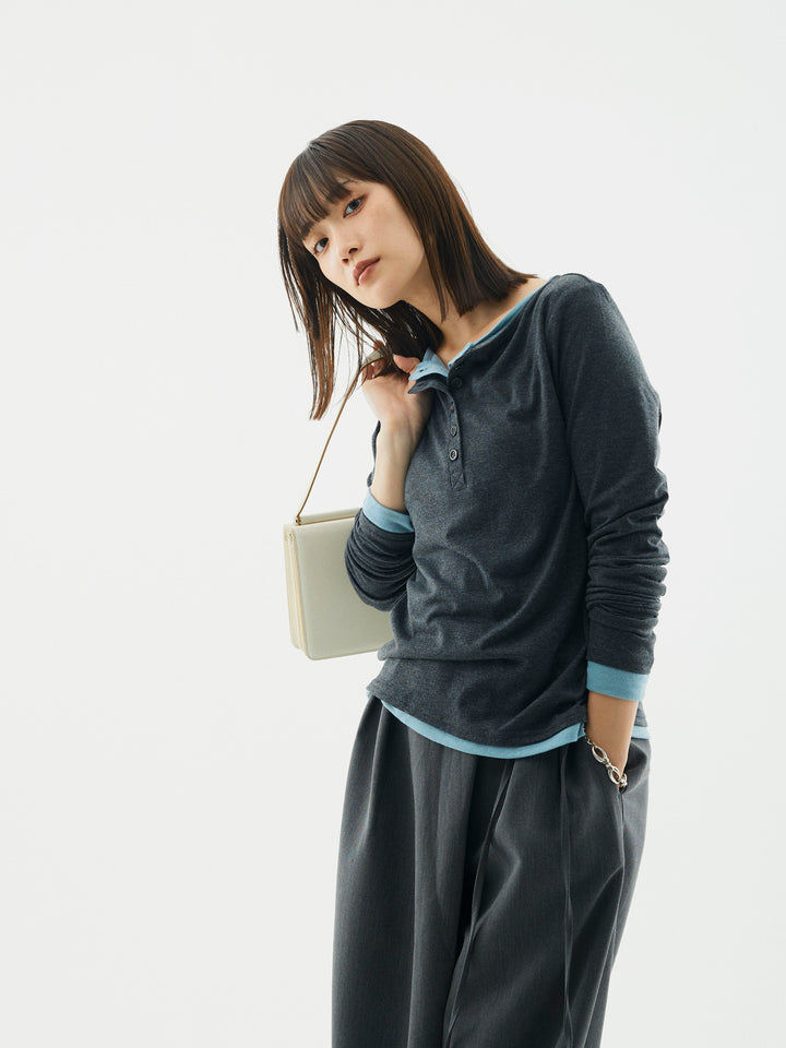 【Allure】[SET]配色レイヤードヘンリーネックトップス+ラップデザインタックワイドパンツ(2set)