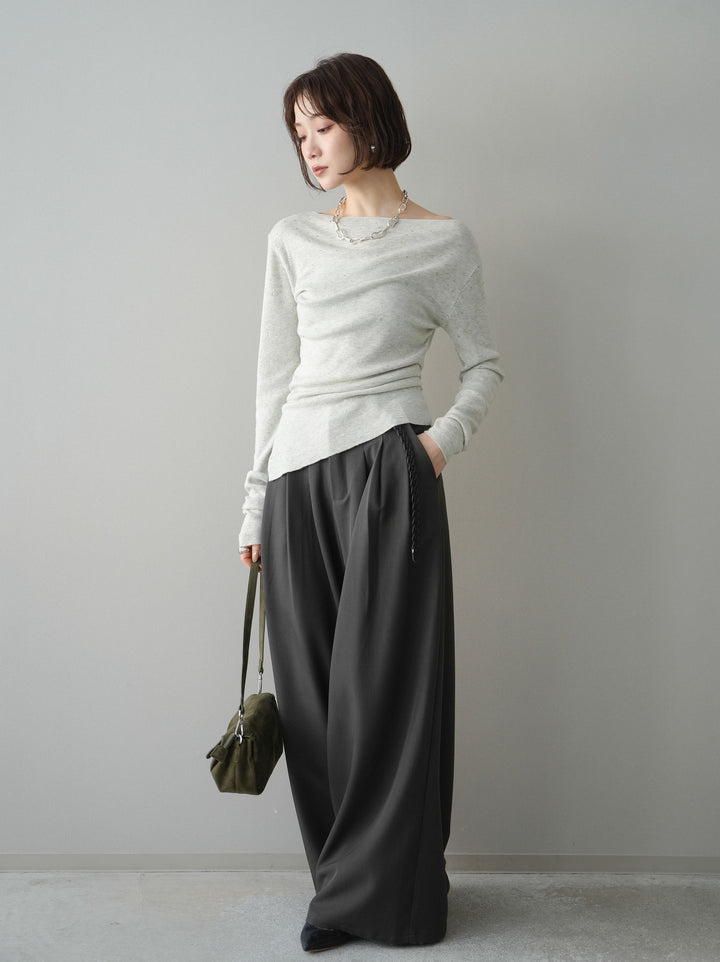 [予約]編み込みベルト付タックワイドパンツ/gray