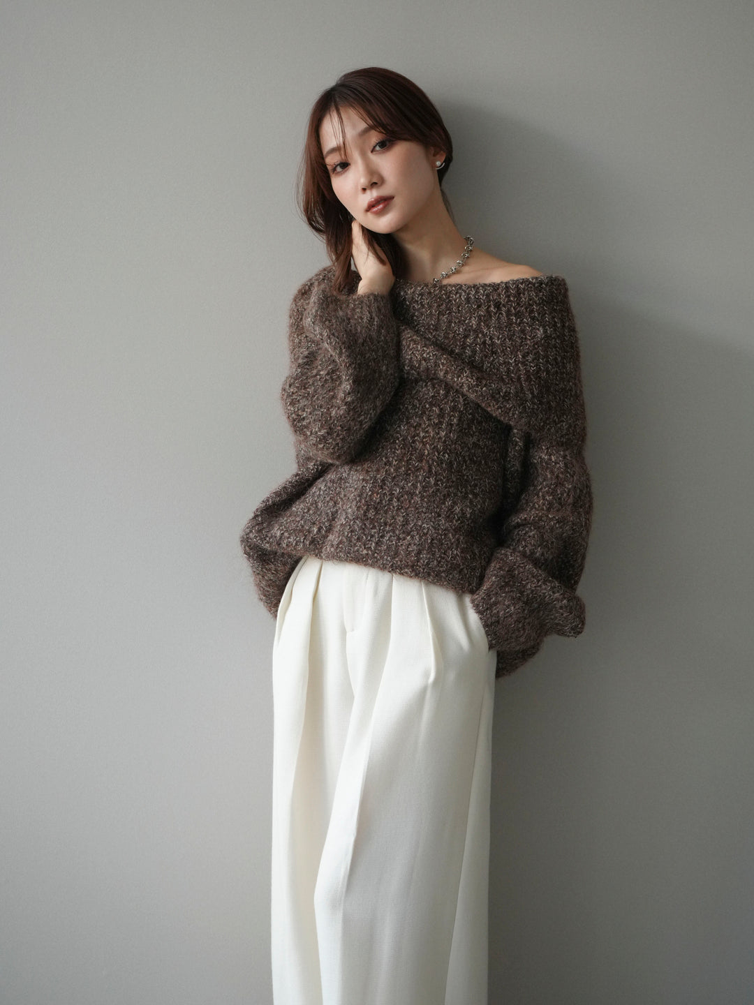 [予約]オフショルミックスニットプルオーバー/brown