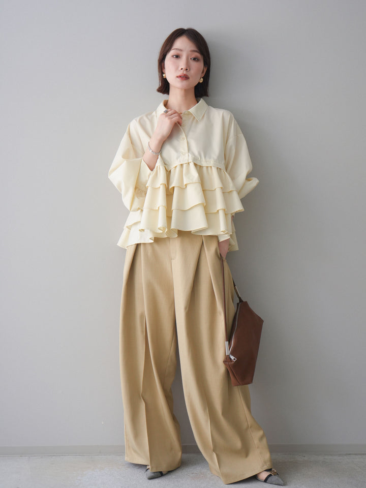 [SET]ブロードティアードショートシャツ+TRツイルデザインタックワイドパンツ(2set)