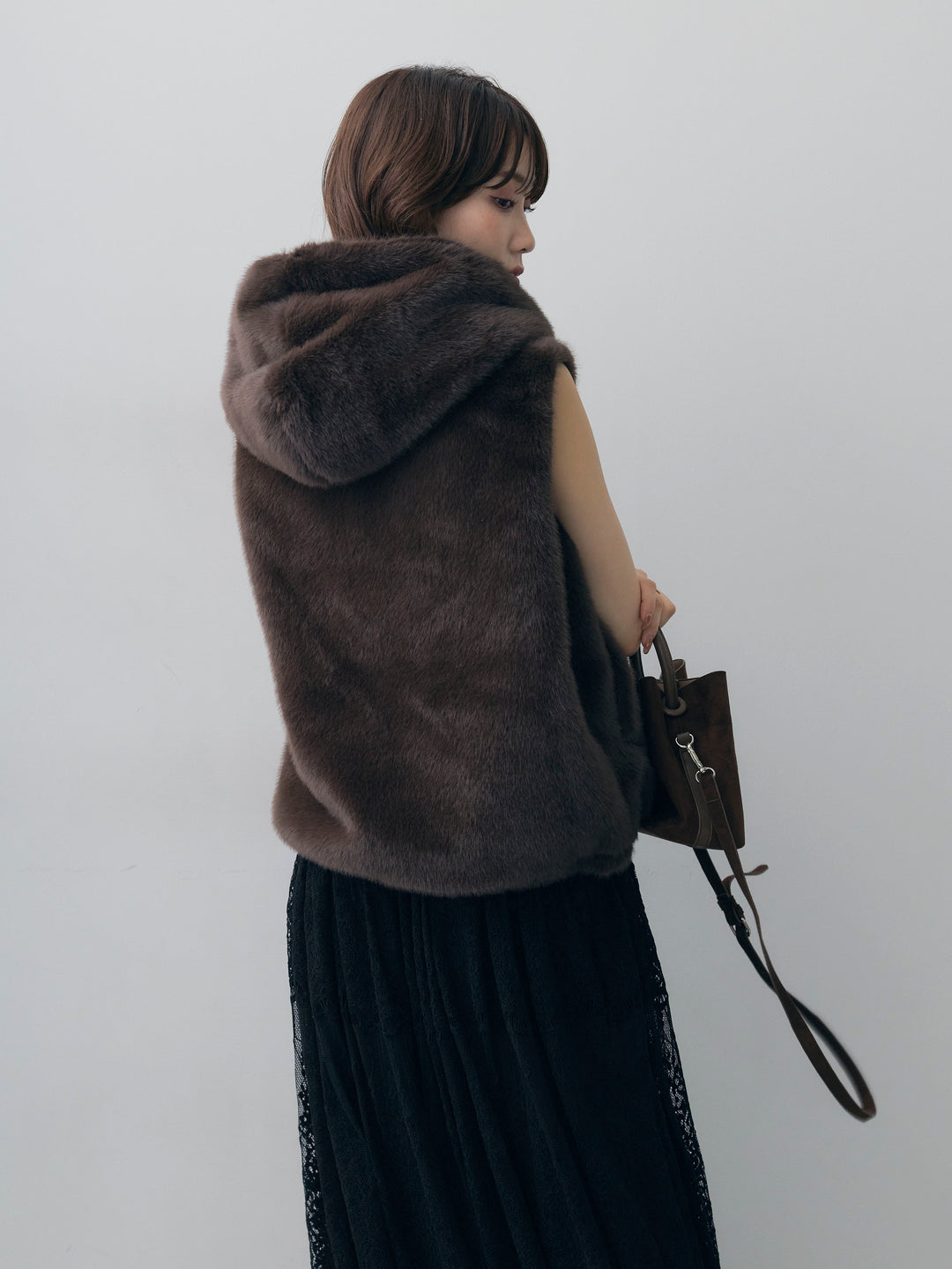 [予約]ファーフードベスト/brown