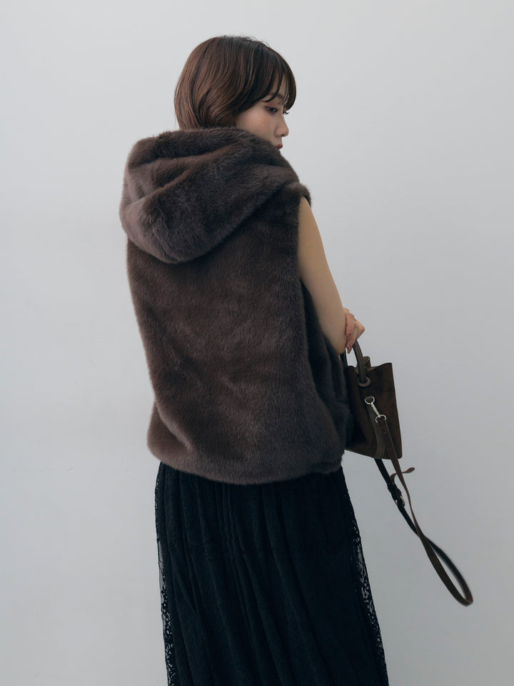 [予約]ファーフードベスト/brown