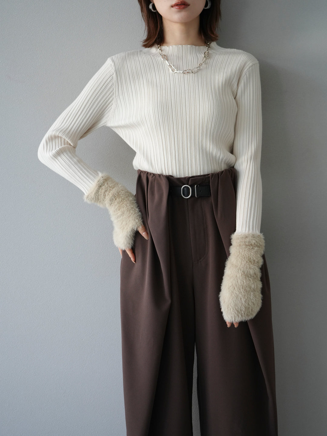 [予約]アームシャギーランダムリブニットトップス/アイボリー