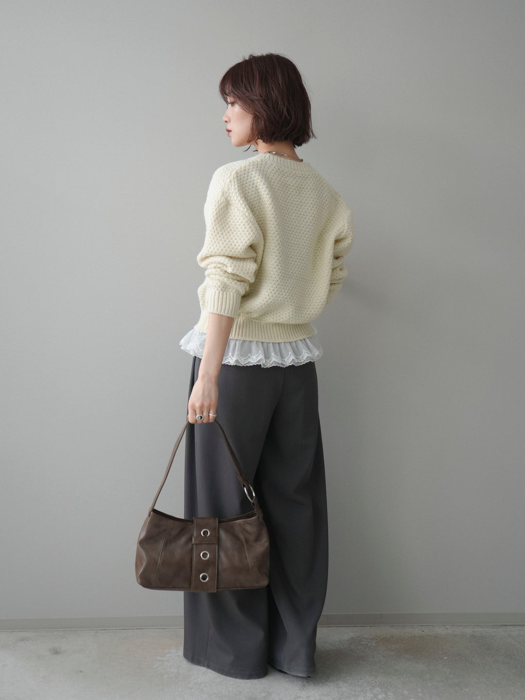 [SET]裾レースケーブルニットカーディガン+ベルトループデザインワイドパンツ(2set)