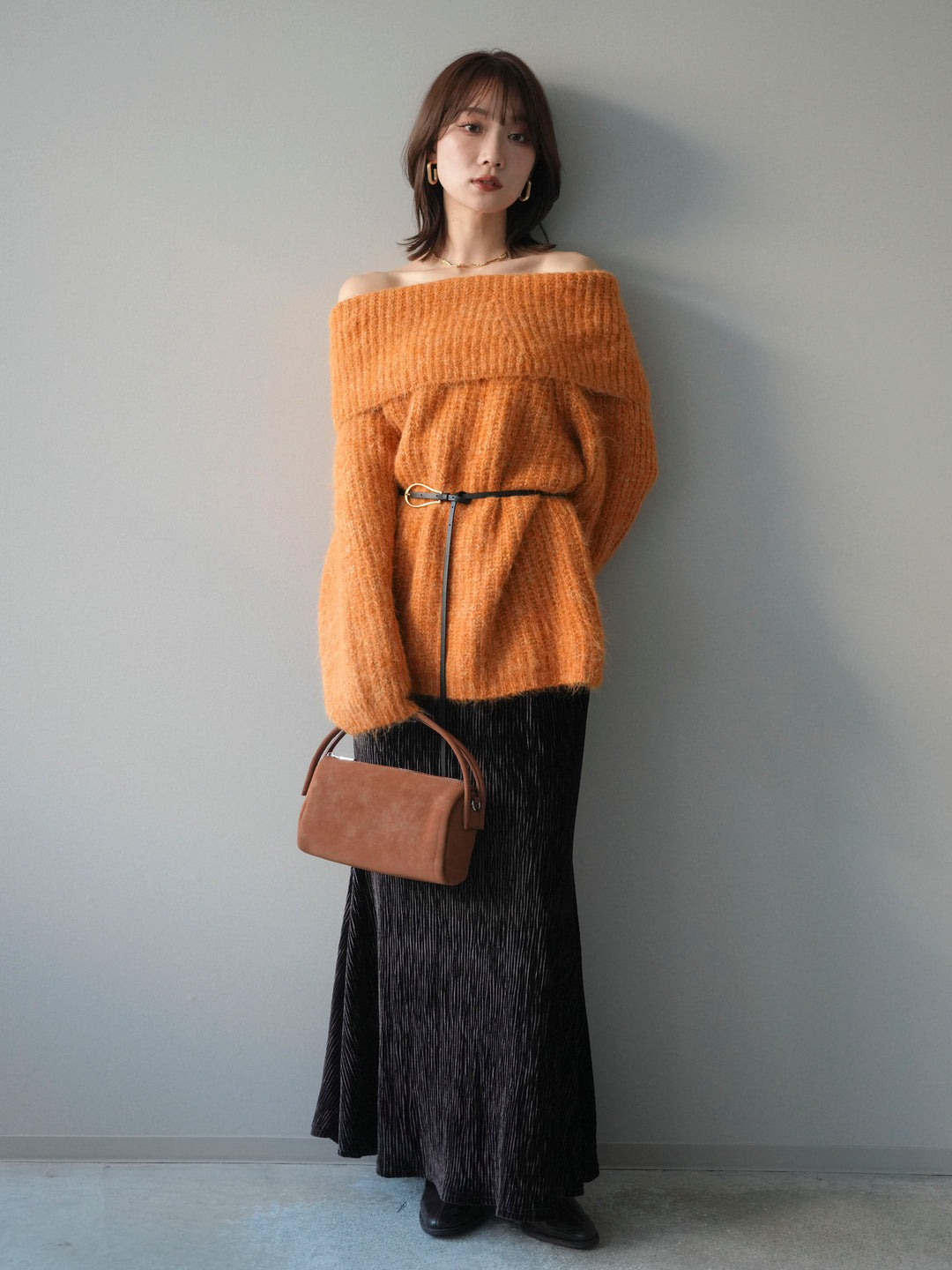 [予約]オフショルミックスニットプルオーバー/orange