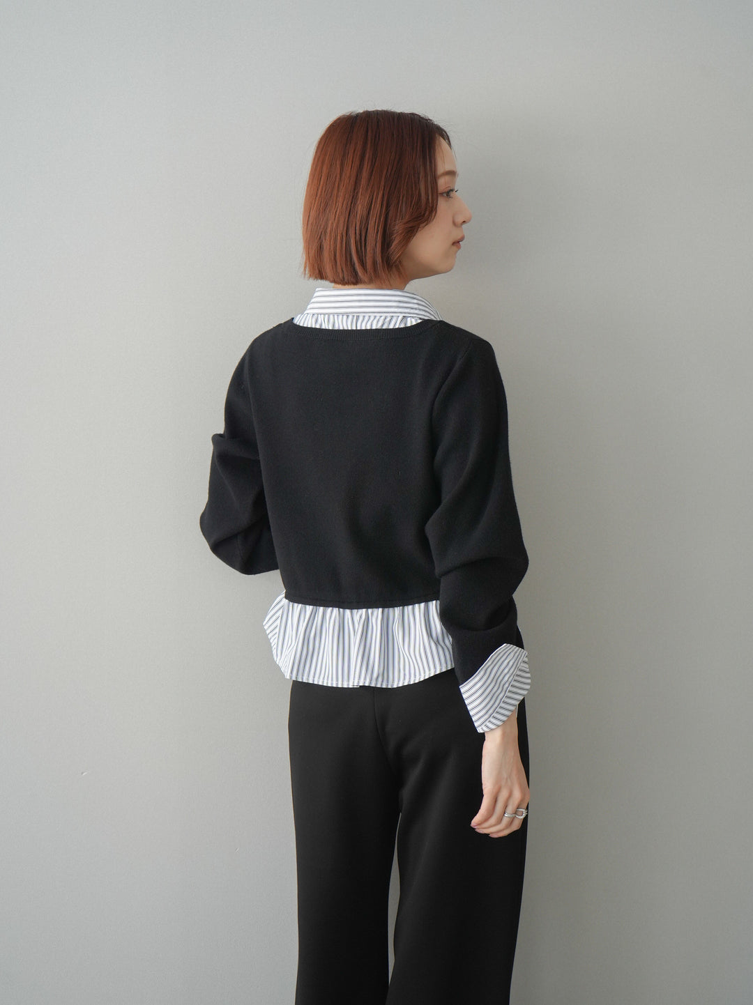 [SET]ストライプシャツUネックドッキングニットプルオーバー+イージーポンチワイドパンツ(2set)