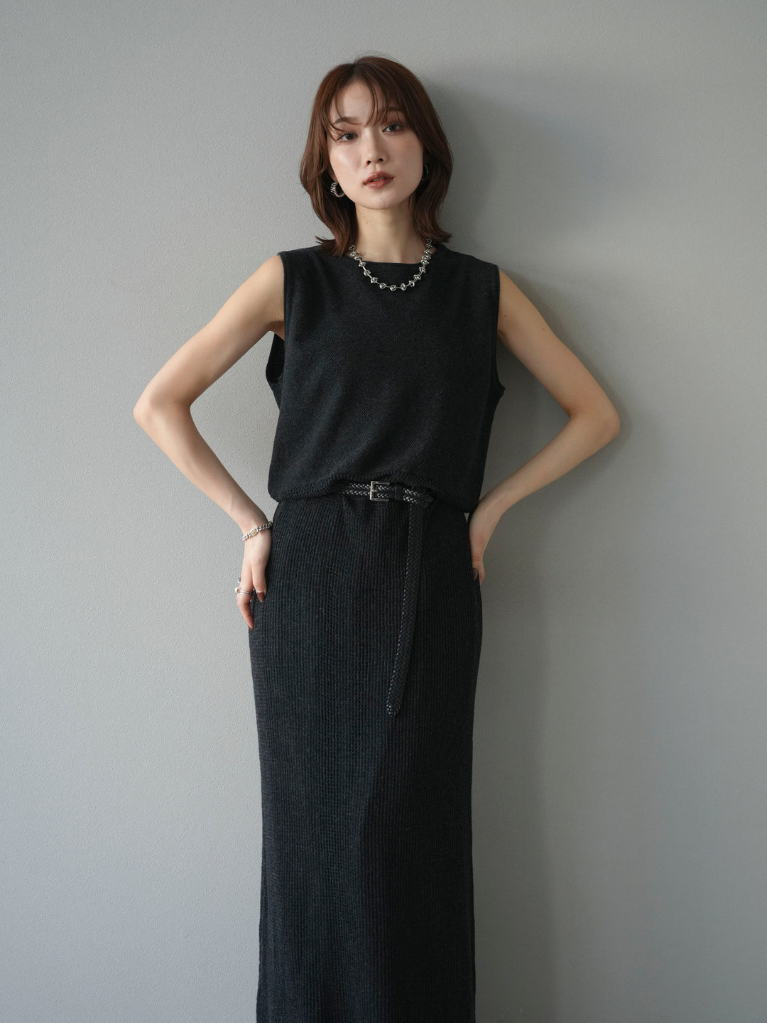 [予約]メッシュ切替ノースリーニットワンピース/darkgray