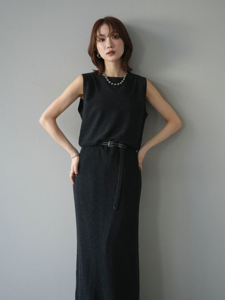 [予約]メッシュ切替ノースリーニットワンピース/darkgray