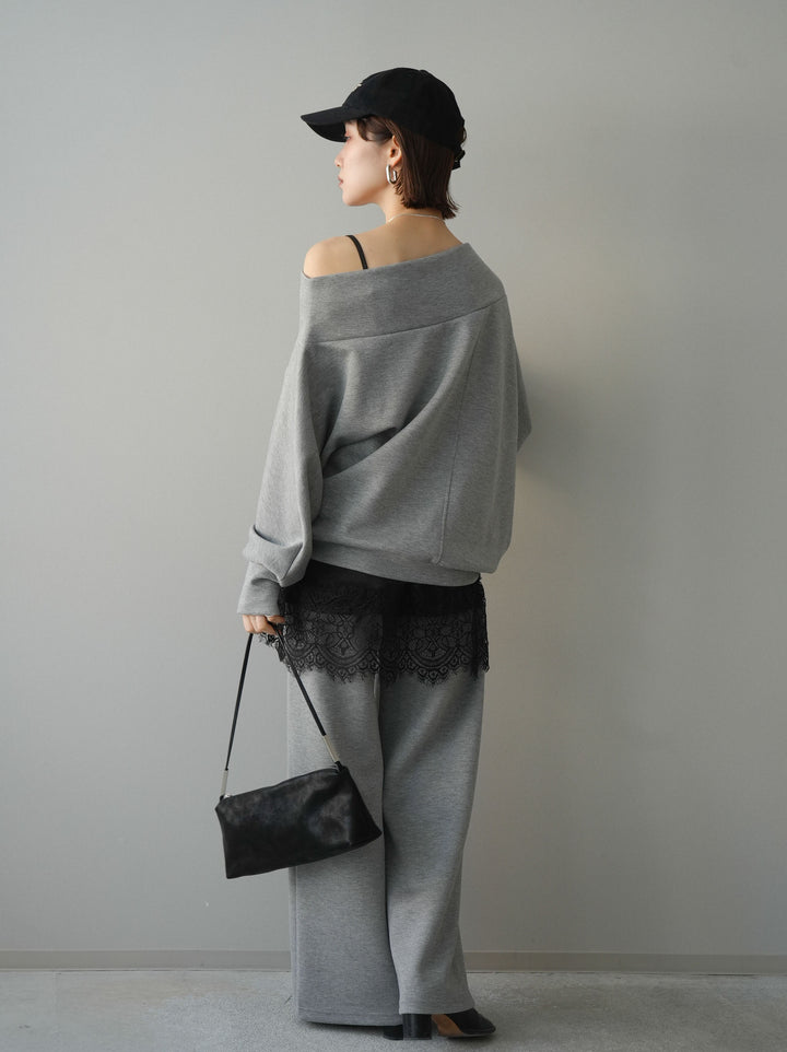 [SET]アシンメトリーオフショルポンチプルオーバー+イージーポンチワイドパンツ(2set)
