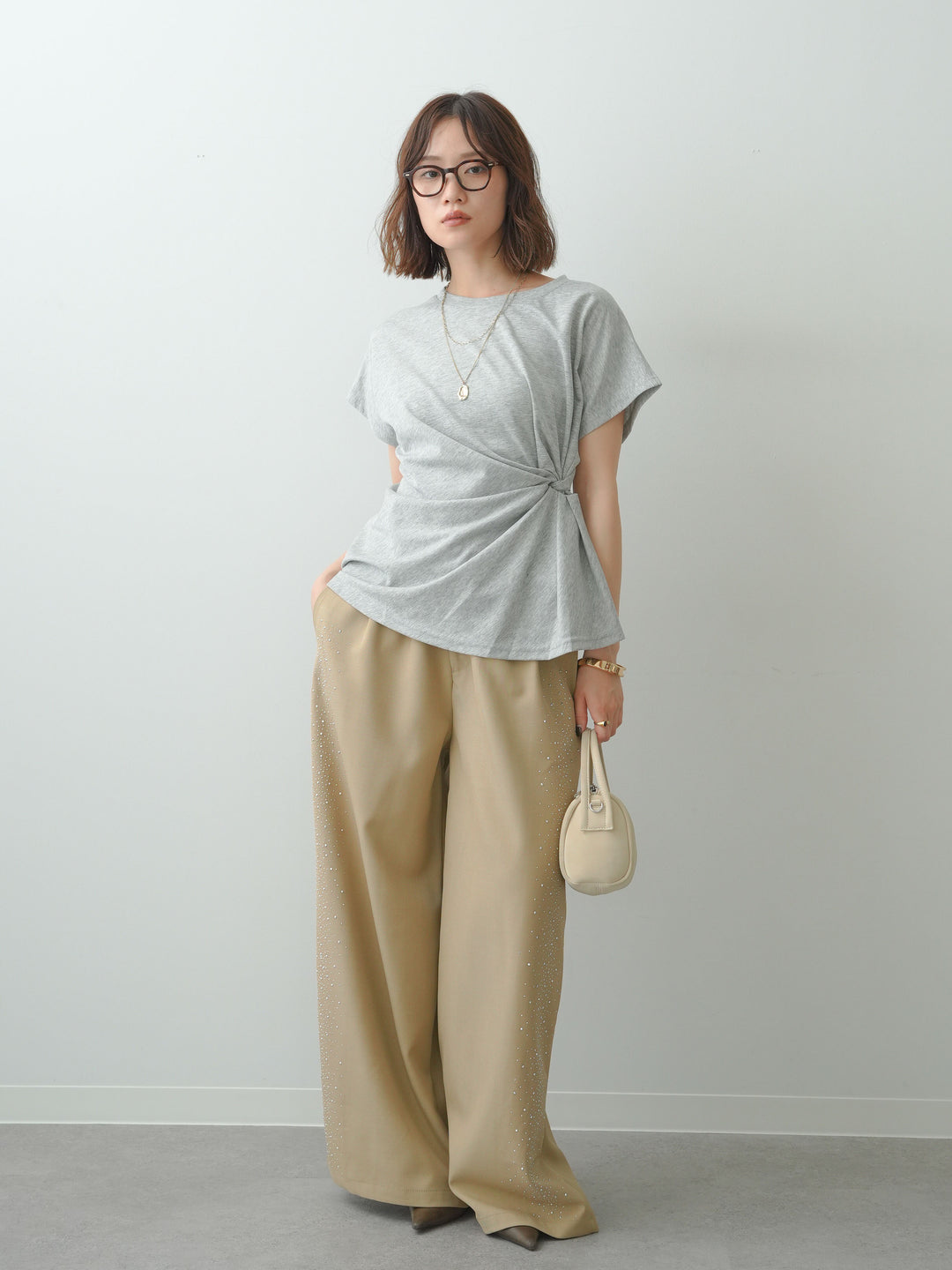 [SET]サイドノットTEE+ポーチベルト付サイドビジュータックワイドパンツ(2set)