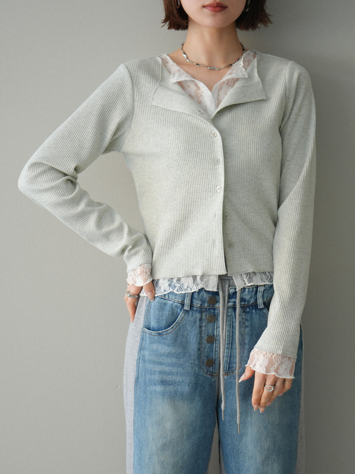 【預購】蕾絲拼接羅紋開襟衫 / 淺灰色