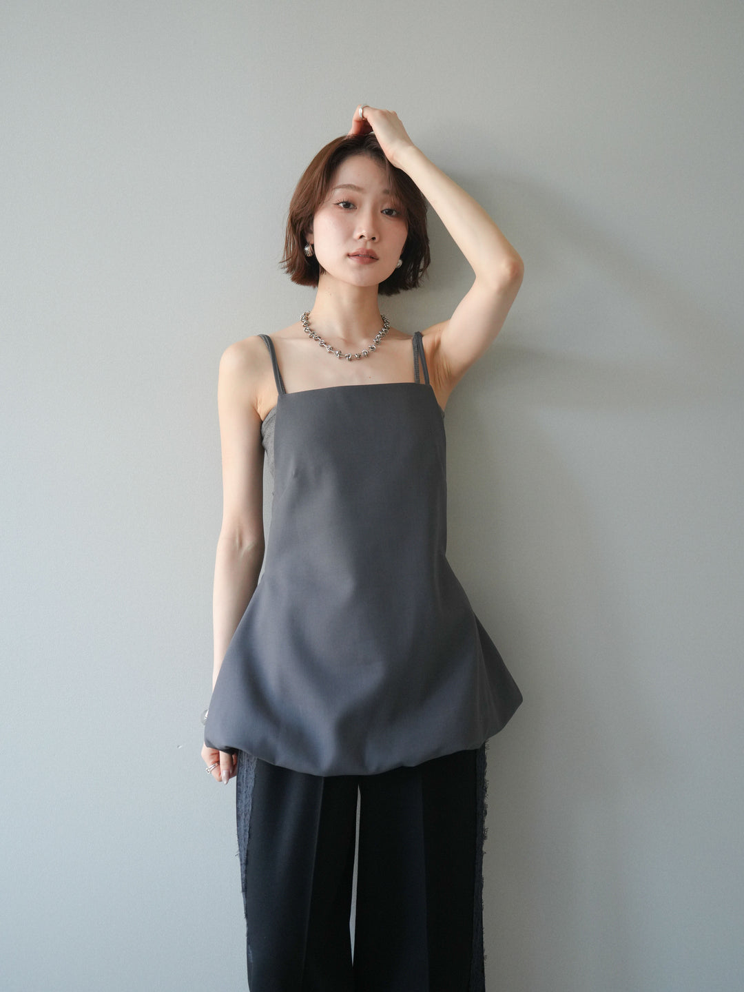 [SET]バックリボンバルーンチュニックキャミ+サイドレースポンチワイドパンツ(2set)