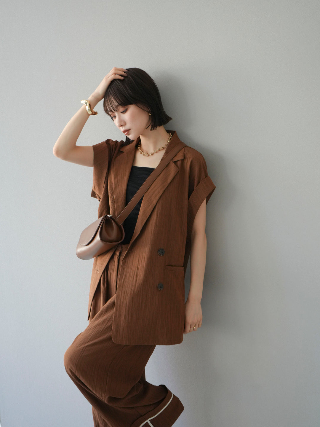 [套裝] 亞麻風格無袖雙背心 + 雙肩帶剪裁羅紋胸罩吊帶背心（2 件套）