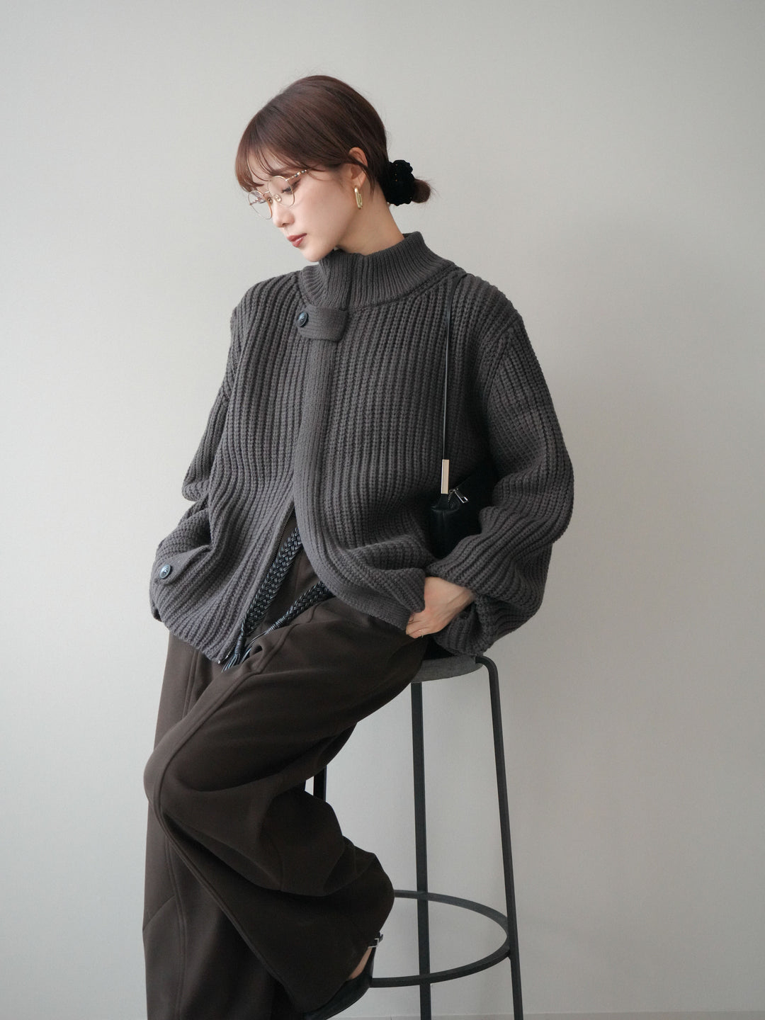 [SET]畦編みボトルネックZIPニットカーディガン+選べるアクセセット(2set)