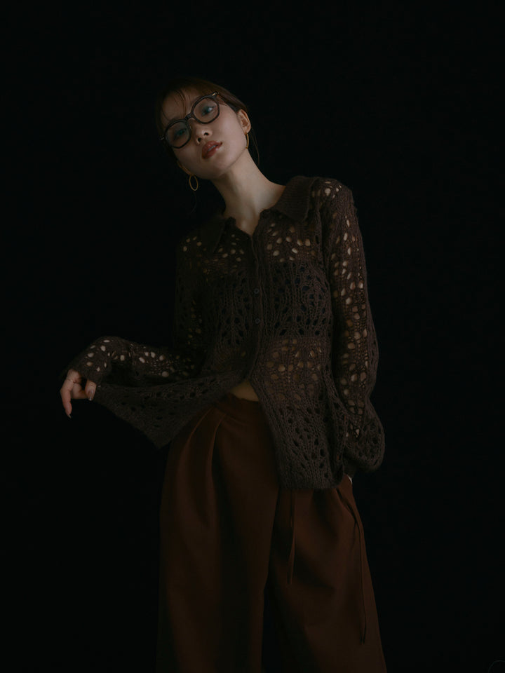 [予約]ローゲージ透かし編みポロニッカーディガン/ブラウン