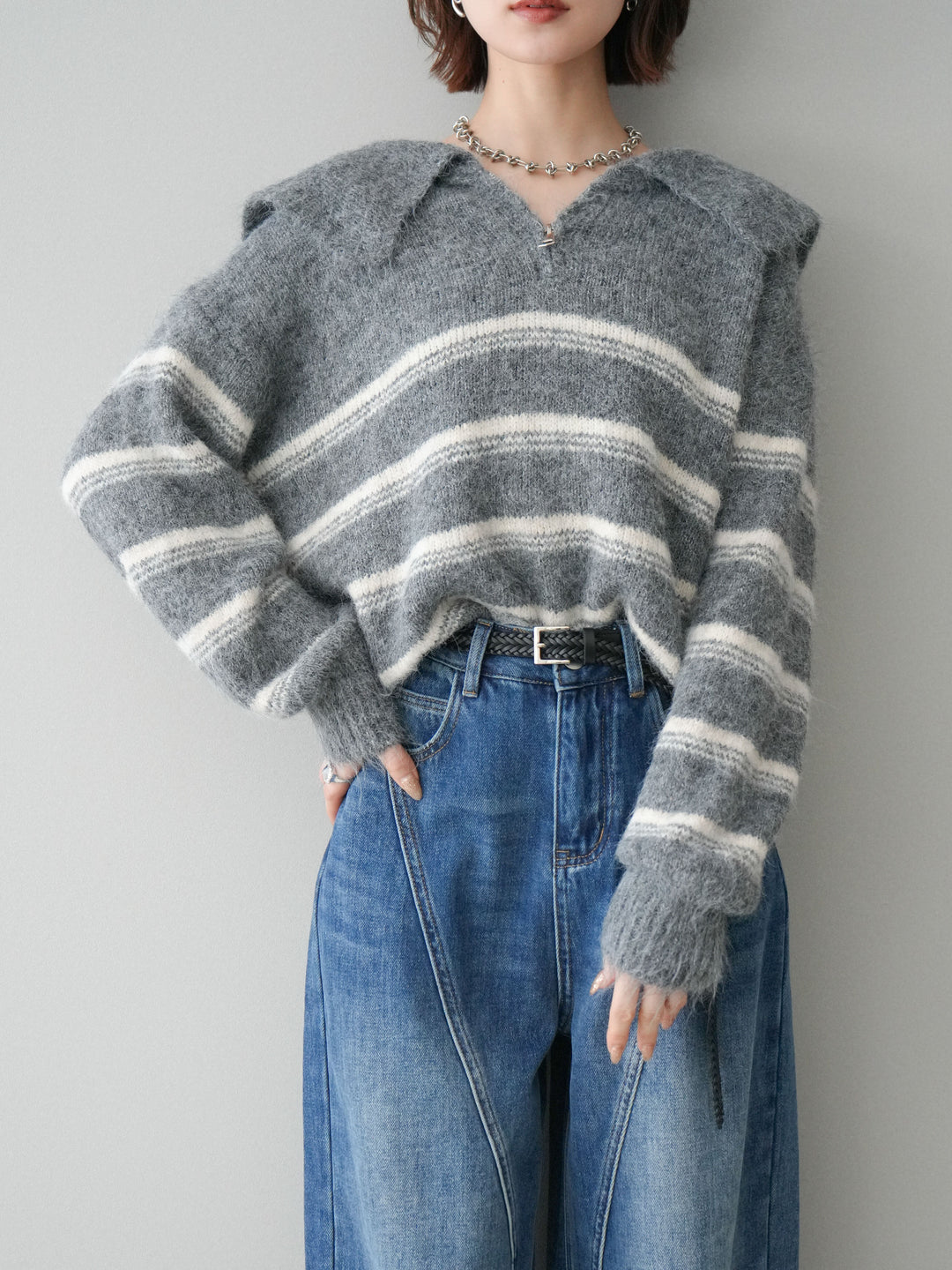 [SET]ハーフジップボーダーニットプルオーバー+裏起毛加工デニムカーブパンツ(2set)