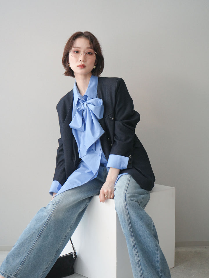 [SET]ノーカラージャケット+ガーメントウォッシュカーブデニムパンツ(2set)