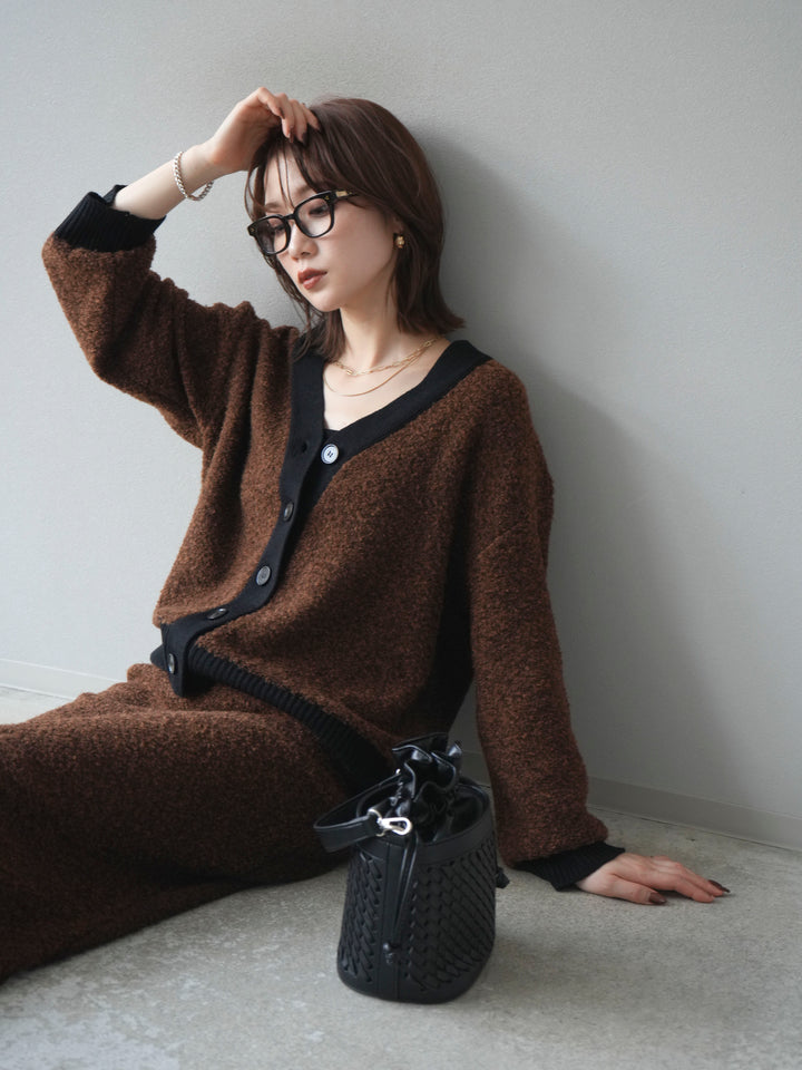 [予約]ブークレバイカラーニットカーディガン/brown